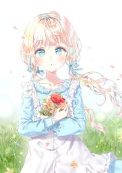 Rule 34 | 1girl, :o, apron, bad id, bad pixiv id, blonde hair, blue bow, blue eyes, blue shirt, blue skirt, blush, bow, brown flower, collarbone, commentary, commission, english commentary, floating hair, flower, frilled apron, frilled shirt, frills, hair bow, long hair, long sleeves, looking at viewer, low twintails, hugging object, original, parted lips, petals, qlakwnd, red flower, red rose, rose, shirt, skirt, solo, sparkle, twintails, very long hair, white apron, white background, white flower