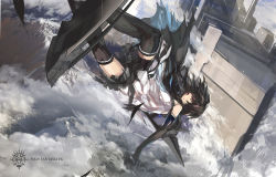 Rule 34 | 1girl, bad id, bad pixiv id, black hair, boat, brown eyes, brown hair, falling, highres, paradise, pixiv fantasia, pixiv fantasia fallen kings, scarf, solo, swd3e2, sword, thighhighs, water, watercraft, weapon