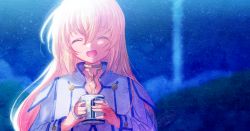 Rule 34 | 1girl, :d, ^ ^, blonde hair, closed eyes, colette brunel, commentary request, cup, facing viewer, hair between eyes, holding, holding cup, ittokyu, jacket, long sleeves, mug, open mouth, signature, smile, solo, tales of (series), tales of symphonia, upper body, white jacket