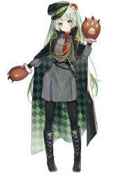 Rule 34 | 1girl, :3, alternate hairstyle, animal ears, animal hands, animare, boots, cape, green eyes, green hair, hat, highres, hinokuma ran, long hair, looking at viewer, military, military uniform, nanashi inc., pantyhose, sheath, sheathed, simple background, solo, standing, uniform, virtual youtuber, weapon, white background, ymymssy