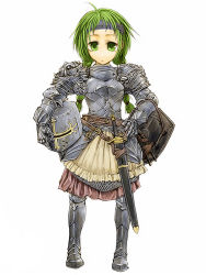 Rule 34 | 1girl, armor, armored boots, boots, braid, cervus, gauntlets, green eyes, green hair, headband, unworn headwear, helmet, unworn helmet, long hair, matching hair/eyes, original, shield, short twintails, simple background, solo, sword, twin braids, twintails, weapon