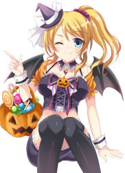 Rule 34 | 10s, 1girl, ayase eli, bad id, bad pixiv id, blonde hair, blue eyes, breasts, candy, collarbone, food, hair tie, halloween, harimoji, hat, large breasts, long hair, looking at viewer, love live!, love live! school idol festival, love live! school idol project, one eye closed, ponytail, smile, solo, sweets, thighhighs, wings, wink