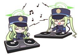 Rule 34 | 2girls, achilles (yosshyachillesd), beamed sixteenth notes, black hat, black jacket, black tail, blue archive, closed eyes, demon tail, eighth note, full body, gloves, green hair, green halo, halo, hat, headphones, highres, hikari (blue archive), jacket, long hair, long sleeves, multiple girls, musical note, nozomi (blue archive), peaked cap, quarter note, siblings, simple background, sisters, tail, twins, white background, white gloves