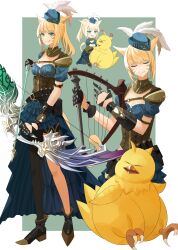 Rule 34 | 1girl, anger vein, animal, animal ears, animal hug, asymmetrical legwear, bard (final fantasy), belt, belt pouch, black footwear, black thighhighs, blonde hair, blue dress, blue hair, blue skirt, boots, bow (weapon), breasts, brown corset, cat ears, cat tail, chibi, closed eyes, closed mouth, corset, dress, fat chocobo, final fantasy, final fantasy xiv, finger wrap, frilled skirt, frills, full body, gloves, half gloves, hat, heart, highres, holding, holding bow (weapon), holding harp, holding weapon, instrument, licking lips, long bangs, mini hat, miqo&#039;te, music, ojiki, open mouth, platform boots, platform footwear, playing instrument, pointy footwear, ponytail, pouch, short hair, shoulder pads, simple background, skirt, small breasts, smile, tail, thighhighs, tongue, tongue out, warrior of light (ff14), weapon