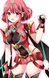 Rule 34 | 1girl, :d, black gloves, black leotard, black thighhighs, blush, breasts, fingerless gloves, gloves, hair between eyes, hand up, headpiece, highres, kirishima riona, large breasts, leotard, looking at viewer, open mouth, outline, pink outline, pyra (xenoblade), red eyes, red hair, red shorts, short shorts, shorts, smile, solo, thighhighs, white background, xenoblade chronicles (series), xenoblade chronicles 2