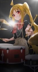 Rule 34 | 1girl, absurdres, ahoge, backlighting, black shirt, blonde hair, bocchi the rock!, bow, bowtie, brown shorts, commentary request, copyright name, drum, drum set, drumsticks, facing viewer, highres, holding, holding drumsticks, ijichi nijika, instrument, kessoku band t-shirt, large bow, long hair, looking ahead, music, open mouth, playing instrument, polka dot, polka dot bow, red bow, red bowtie, red eyes, sentter, shirt, shirt tucked in, short sleeves, shorts, side ponytail, sidelocks, sitting, smile, solo, upper body