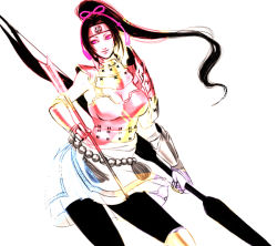 Rule 34 | 1girl, armor, arrow (projectile), black hair, bow (weapon), breasts, cleavage, female focus, headband, inahime, long hair, miniskirt, pink eyes, ponytail, sengoku musou, sengoku musou 3, skirt, solo, uraku, weapon, white background