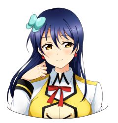 Rule 34 | 1girl, blue hair, blush, bow, bowtie, closed mouth, confetti, earrings, hair between eyes, heart, heart earrings, jewelry, long hair, long sleeves, looking at viewer, love live!, love live! school idol project, red bow, red bowtie, simple background, smile, solo, sonoda umi, sunny day song, upper body, white background, yellow eyes, yumari nakura