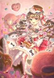Rule 34 | 1girl, :d, absurdres, bow, bowtie, brown bow, brown hair, brown headwear, candy, candy heart, chocolate, chocolate heart, dress, dress bow, eruko hoshimine, food, food-themed clothes, green eyes, hair bow, hat, heart, highres, holding, holding food, long sleeves, open mouth, original, pink bow, pink legwear, sitting, smile, symbol-only commentary, twintails, wavy hair, white legwear