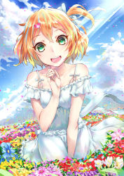 Rule 34 | 10s, 1girl, absurdres, arm behind back, bad id, bad pixiv id, bare shoulders, between legs, blonde hair, breasts, cloud, cloudy sky, collarbone, day, dress, field, flower, flower field, freyja wion, ginn (hzh770121), green eyes, hair ornament, hair ribbon, hand between legs, heart, heart hair ornament, highres, looking at viewer, macross, macross delta, medium breasts, one side up, outdoors, ribbon, short hair, sky, solo, white dress, white ribbon