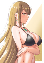 Rule 34 | 1girl, absurdres, bikini, black bikini, blonde hair, breasts, chest jewel, earrings, from side, highres, jewelry, large breasts, long hair, mythra (xenoblade), navel, ryochan96154, simple background, solo, swept bangs, swimsuit, very long hair, xenoblade chronicles (series), xenoblade chronicles 2, yellow eyes