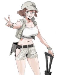 Rule 34 | 1girl, belt, black eyes, breasts, brown hair, cleavage, fio germi, glasses, grey hat, hat, highres, hip vent, kawatiw, large breasts, looking at viewer, metal slug, midriff, open mouth, ponytail, round eyewear, short ponytail, short shorts, short sleeves, shorts, simple background, solo, v, white background