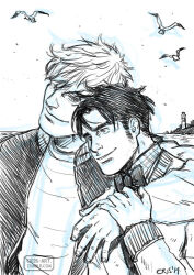 Rule 34 | 2boys, bad id, bad tumblr id, bara, bird, black hair, blonde hair, bow, bowtie, chin rest, couple, cris art, greyscale, head on head, head rest, heads together, holding another&#039;s arm, hulkling, jacket, long sideburns, male focus, marvel, monochrome, multiple boys, open clothes, open jacket, pectorals, short hair, sideburns, sketch, sky, smile, thick eyebrows, toned, toned male, traditional bowtie, upper body, wiccan, yaoi