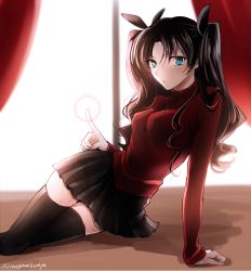 Rule 34 | 1girl, arm support, black hair, black ribbon, black skirt, black thighhighs, blue eyes, blush, fate/stay night, fate (series), hair ribbon, long hair, long sleeves, looking at viewer, omizu (omz), red shirt, ribbon, shirt, skirt, solo, thighhighs, tohsaka rin, twitter username, two side up, zettai ryouiki
