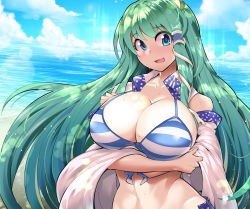 Rule 34 | 1girl, bikini, blue eyes, blue skirt, blue sky, breast hold, breasts, cleavage, cloud, cloudy sky, collarbone, collared shirt, commentary request, crossed arms, curvy, day, detached sleeves, eyelashes, frog hair ornament, front-tie top, green hair, hair ornament, hair tubes, head tilt, hip focus, huge breasts, kochiya sanae, long hair, looking at viewer, midriff, ocean, open mouth, outdoors, polka dot, polka dot skirt, shiny clothes, shirt, skirt, sky, smile, snake hair ornament, solo, stomach, striped bikini, striped bikini top, striped clothes, sweat, swimsuit, tongue, touhou, umigarasu (kitsune1963), upper body, white shirt, wide hips, wing collar