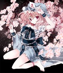 Rule 34 | 1girl, arm up, bad id, bad twitter id, bare shoulders, barefoot, black background, blue dress, bow, bracelet, cherry blossoms, cierra (ra-bit), dress, flower, full body, hat, japanese clothes, jewelry, kneeling, long sleeves, looking at viewer, mob cap, obi, pink eyes, pink hair, puffy sleeves, ra-bit, ribbon, saigyouji yuyuko, sash, short hair, simple background, sitting, solo, touhou, triangular headpiece, wide sleeves, wrist cuffs