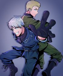 Rule 34 | 2boys, axis powers hetalia, blonde hair, blue eyes, boots, brothers, cloumello, crossed arms, foreshortening, germany (hetalia), gloves, grin, hair slicked back, highres, leather, leather gloves, looking at viewer, looking back, male focus, military, military uniform, multiple boys, prussia (hetalia), reaching, reaching towards viewer, red eyes, short hair, siblings, sideways glance, smile, twitter username, uniform, v-shaped eyebrows, white hair