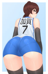 Rule 34 | 1girl, absurdres, ass, ass focus, blue background, brown eyes, brown hair, cameltoe, clothes writing, commentary request, franham, highres, kaga (kancolle), kantai collection, looking at viewer, pantylines, short hair, short sleeves, side ponytail, simple background, skin tight, solo, sportswear, thighhighs, translated, volleyball uniform, wide hips