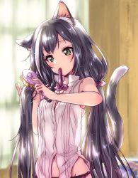 Rule 34 | 1girl, animal ear fluff, animal ears, black hair, blouse, brushing hair, brushing own hair, cat ears, cat girl, cat tail, check commentary, commentary, commentary request, green eyes, hair brush, head tilt, highres, karyl (princess connect!), kuroi mimei, long hair, mouth hold, multicolored hair, no pants, partially unbuttoned, partially undressed, princess connect!, shirt, skirt, unworn skirt, sleeveless, sleeveless shirt, solo, streaked hair, tail, upper body, very long hair