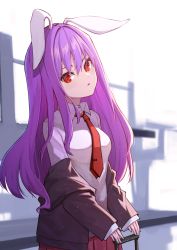 Rule 34 | 1girl, absurdres, animal ears, blazer, collared shirt, cowboy shot, highres, jacket, jacket partially removed, long hair, long sleeves, looking at viewer, luggage, necktie, oeyama, open mouth, purple hair, rabbit ears, red eyes, red necktie, reisen udongein inaba, rolling suitcase, shirt, standing, suitcase, touhou, white shirt