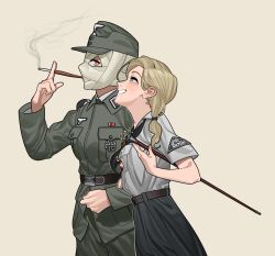 Rule 34 | 1girl, arm up, bandage on face, bandage over one eye, bandaged head, bandages, belt, black necktie, blonde hair, blue eyes, breast pocket, brown eyes, cigarette, collar tabs, commentary, cross, german army, grin, hat, highres, holding, holding cigarette, iron cross, jacket, long hair, long sleeves, looking at another, military, military hat, military jacket, military rank insignia, military uniform, necktie, original, pants, pocket, pzkpfwi, shirt, simple background, smile, smoke, smoke trail, smoking, soldier, uniform, wehrmacht, white shirt, world war ii