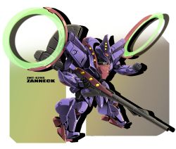 Rule 34 | character name, chibi, clenched hand, gun, gundam, highres, holding, holding gun, holding weapon, mecha, mobile suit, no humans, red eyes, robot, sibelurabbi, solo, victory gundam, weapon, zanneck, zanscare