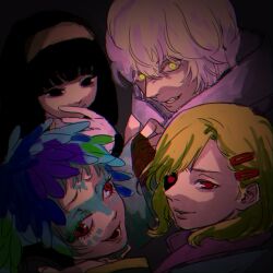 Rule 34 | 1boy, 1girl, 2others, black eyes, black hair, corruption, dark persona, eri (difference), eyelashes, gloves, gnosia, hair between eyes, hairband, highres, hime cut, looking at viewer, multiple others, raqio, red eyes, remnan (gnosia), setsu (gnosia), solo, straight hair, user whzg7557, yuriko (gnosia)
