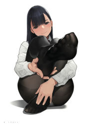 Rule 34 | 1girl, ass, black eyes, black hair, black panties, black pantyhose, closed mouth, collared shirt, derivative work, feet, foreshortening, head tilt, highres, leg up, long hair, long sleeves, looking at viewer, mole, mole under eye, no shoes, original, panties, pantyhose, photo-referenced, scan, shadow, shirt, simple background, sitting, smile, solo, underwear, white background, white shirt, yomu (sgt epper)