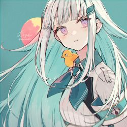 Rule 34 | 1girl, akakura, animal, animal on shoulder, armband, bird, bird on shoulder, blue hair, blue neckwear, character name, green background, hair ornament, highres, lize helesta, long hair, looking back, looking to the side, monocle, multicolored hair, nijisanji, parted lips, pink eyes, silver hair, solo, twitter username, two-tone hair, virtual youtuber