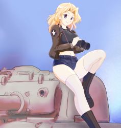 Rule 34 | 1girl, absurdres, artist name, binoculars, black footwear, black shirt, blonde hair, blue eyes, blue shorts, boots, brown jacket, closed mouth, commentary, cutoffs, denim, denim shorts, emblem, english commentary, girls und panzer, hair intakes, highres, holding, holding binoculars, inisipis, jacket, kay (girls und panzer), knee up, long sleeves, looking at viewer, m4 sherman, medium hair, micro shorts, midriff, military, military uniform, military vehicle, motor vehicle, navel, open clothes, open jacket, saunders military uniform, shirt, shorts, signature, sitting, skindentation, smile, solo, star (symbol), tank, thighhighs, uniform, white thighhighs