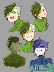 Rule 34 | 1boy, angry, brown hair, closed eyes, earrings, empty eyes, expressions, facial mark, green eyes, grey background, hair over one eye, jewelry, long sleeves, looking at viewer, male focus, multiple views, nanashi (megami tensei), pilot suit, shaded face, shin megami tensei, shin megami tensei iv final, simple background, single earring, smile, tattoo, trafuris, uniform