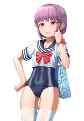 Rule 34 | 1girl, absurdres, bag, blue one-piece swimsuit, blue sailor collar, bow, brown eyes, collarbone, covered navel, eyebrows hidden by hair, goback, hair flaps, hair ornament, hairclip, hand on own hip, hand up, highres, idolmaster, idolmaster cinderella girls, koshimizu sachiko, looking at viewer, old school swimsuit, one-piece swimsuit, parted lips, purple hair, red bow, sailor collar, school bag, school swimsuit, school uniform, serafuku, shirt, short sleeves, simple background, skindentation, solo, swimsuit, swimsuit under clothes, thighhighs, white background, white shirt, white thighhighs