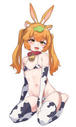 Rule 34 | 1girl, :d, absurdres, animal ear fluff, animal ears, animal print, aningay, bare shoulders, barefoot, bell, bikini, blush, bridal gauntlets, collar, collarbone, copyright request, cow print, detached leggings, fake animal ears, fang, full body, hair between eyes, highres, leaf, leaf on head, looking at viewer, navel, neck bell, open mouth, orange eyes, orange hair, print bikini, red collar, seiza, side-tie bikini bottom, simple background, sitting, smile, solo, sweat, swimsuit, thick eyebrows, twintails, white background