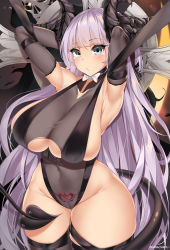 Rule 34 | 1girl, armpits, arms behind head, azur lane, black gloves, blue eyes, bow, bowtie, breasts, cameltoe, cleavage, clothing cutout, covered navel, cowboy shot, demon tail, elbow gloves, gloves, gneisenau (azur lane), gneisenau (nightmarish succubus) (azur lane), groin, highleg, highleg leotard, highres, horns, huge breasts, kanachirou, leotard, long hair, looking at viewer, pubic tattoo, purple hair, pussy, see-through, skeleton, skindentation, solo, tail, tattoo, thick thighs, thighhighs, thighs, twitter username, underboob cutout, very long hair, white bow, white bowtie