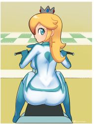 Rule 34 | 1girl, absurdres, ass, backboob, blonde hair, blue eyes, bodysuit, breasts, crown, dimples of venus, earrings, finish line, gloves, heart, heart print, highres, jewelry, long hair, looking at viewer, looking back, mario (series), mario kart, mario kart wii, minuspal, motor vehicle, motorcycle, nintendo, open mouth, rosalina, scarf, sitting, solo