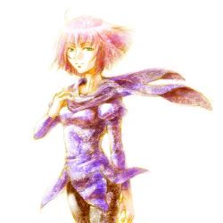 Rule 34 | 1girl, arm at side, collarbone, dress, gundam, gundam zz, haman karn, hand on own chest, juliet sleeves, long sleeves, looking at viewer, lowres, pink hair, puffy long sleeves, puffy sleeves, purple dress, scarf, short hair, simple background, solo, white background, zeta gundam
