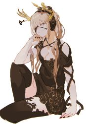 Rule 34 | 1girl, black dress, black nails, black thighhighs, blonde hair, breasts, cleavage, dress, eyepatch, hair ornament, headphones, highres, long hair, low twintails, nail polish, sitting, so-bin, solo, thighhighs, twintails