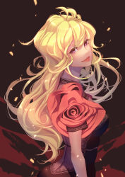 Rule 34 | 1girl, absurdres, black dress, blonde hair, dress, floating hair, from side, head tilt, highres, lipstick, long hair, looking at viewer, makeup, parted lips, pink eyes, red lips, rwby, smile, solo, splish, upper body, very long hair, yang xiao long