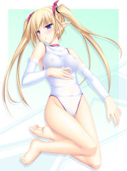 Rule 34 | 1girl, bad id, bad pixiv id, barefoot, blonde hair, blue eyes, blush, breasts, covered erect nipples, detached sleeves, elf, feet, highres, large breasts, leotard, long hair, original, pointy ears, see-through, solo, tenmaso, twintails