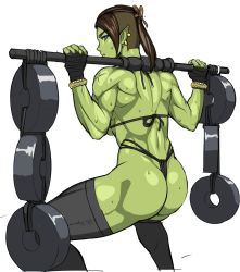 Rule 34 | 1girl, abs, arm wrap, blue eyes, bracelet, breasts, colored skin, earrings, exercising, green skin, jewelry, large breasts, long hair, muscular, muscular female, nisetanaka, orc, original, pointy ears, ponytail, scar, shaved head, solo, squatting, sweat, tusks, weightlifting, white background