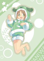 Rule 34 | + +, 1girl, :d, animal hood, bare legs, barefoot, brown eyes, commentary, dog hood, drawstring, fang, full body, green eyes, green jacket, green shorts, gustavo schuler, highres, hood, hood up, hooded jacket, jacket, long sleeves, looking at viewer, official alternate costume, oka asahi, onii-chan wa oshimai!, open mouth, paw pose, shorts, simple background, smile, solo, star (symbol), wide sleeves