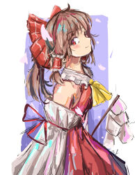 Rule 34 | 1girl, ascot, bare shoulders, bow, brown hair, detached sleeves, frilled bow, frilled hair tubes, frills, gohei, hair bow, hair tubes, hakurei reimu, highres, looking at viewer, red bow, red eyes, red skirt, ribbon-trimmed sleeves, ribbon trim, skirt, skirt set, smile, touhou, vanilla flan, yellow ascot