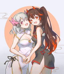 Rule 34 | 2girls, absurdres, black dress, breasts, brown hair, chinese clothes, cleavage, cloudyman, commentary request, demon horns, dress, grey hair, hair ornament, headgear, headphones, highres, horns, liv (punishing: gray raven), lucia (punishing: gray raven), medium breasts, multicolored hair, multiple girls, one eye closed, open mouth, pink eyes, punishing: gray raven, red eyes, red hair, twintails, white dress