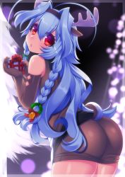 Rule 34 | 1boy, androgynous, animal costume, animal ears, antenna hair, antlers, ass, bare shoulders, blue hair, blush, braid, christmas, elbow gloves, fake animal ears, fake antlers, from behind, gloves, hairband, horns, htkku, long hair, looking at viewer, male focus, original, parted lips, red eyes, reindeer costume, shiny clothes, shiny skin, short shorts, shorts, solo, symbol-shaped pupils, tail, trap, twin braids