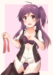 Rule 34 | 10s, 1girl, :d, absurdres, ahoge, bad id, bad pixiv id, black skirt, black vest, blush, border, bow, bow bra, bow panties, bra, breasts, brown eyes, cleavage, clothes pull, collarbone, collared shirt, hagikaze (kancolle), highres, holding, kantai collection, kapatarou, lingerie, long hair, looking at viewer, open mouth, panties, pleated skirt, purple background, purple bra, purple hair, purple panties, red ribbon, ribbon, shirt, short sleeves, side ponytail, simple background, skirt, skirt pull, smile, solo, unbuttoned, underwear, undressing, vest, white shirt, yellow border