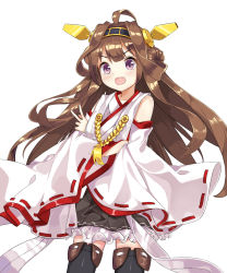 Rule 34 | 1girl, ahoge, boots, brown hair, crossed arms, detached sleeves, double bun, fang, ginon (sjyh3466), hairband, headgear, highres, kantai collection, kongou (kancolle), long hair, nontraditional miko, parody, personification, purple eyes, skirt, smile, solo, style parody, thigh boots, thighhighs