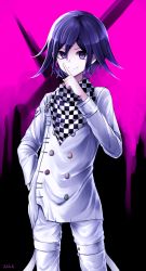 Rule 34 | 1boy, absurdres, black background, buttons, checkered clothes, checkered neckwear, checkered scarf, commentary request, cowboy shot, danchu (danchu0628), danganronpa (series), danganronpa v3: killing harmony, double-breasted, hair between eyes, hand in pocket, hand up, highres, index finger raised, jacket, long arms, long sleeves, looking at viewer, male focus, oma kokichi, pants, pink background, purple eyes, purple hair, scarf, short hair, smile, solo, standing, straitjacket, white jacket