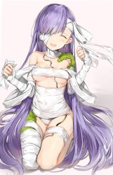 Rule 34 | 1girl, ^ ^, absurdres, bandage over one eye, bandaged arm, bandaged head, bandaged leg, bandages, blush, breasts, brown background, closed eyes, commentary request, facing viewer, fate/grand order, fate (series), full body, hair over one eye, hands up, head tilt, highres, kingprotea (fate), long hair, medium breasts, moss, purple hair, seiza, silver (chenwen), sitting, solo, teeth, upper teeth only, very long hair