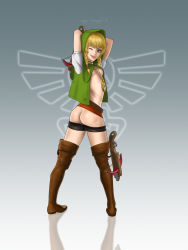 Rule 34 | 1girl, artist name, ass, blonde hair, blue eyes, boots, bow (weapon), braid, crossbow, from behind, highres, hood, hyrule warriors, linkle, lips, looking at viewer, looking back, nintendo, one eye closed, solo, the legend of zelda, tony losoya, twin braids, weapon, wink