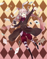 Rule 34 | 13xxxx13, 1boy, :d, androgynous, animal ears, argyle, argyle background, argyle clothes, bad id, bad pixiv id, bird, boots, bow, bowtie, card, hair ribbon, magician, male focus, one eye closed, open mouth, original, outstretched arm, pantyhose, playing card, rabbit ears, red eyes, ribbon, silver hair, smile, solo, star (symbol), striped clothes, striped legwear, striped pantyhose, wink